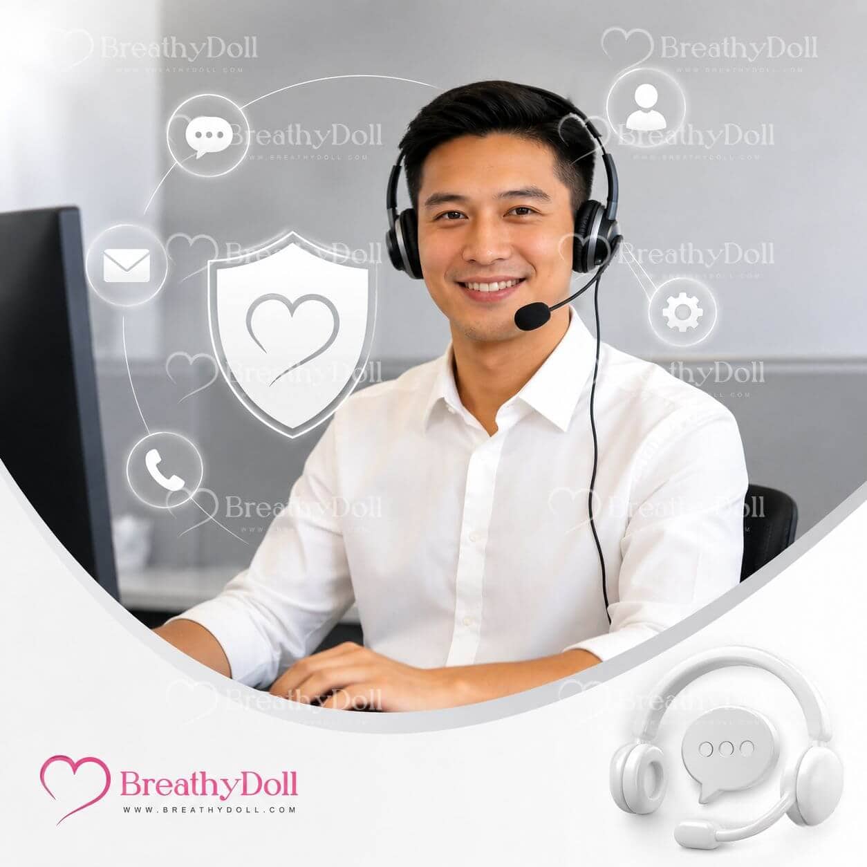 Friendly customer support representative wearing a headset, smiling at the camera in an office setting.