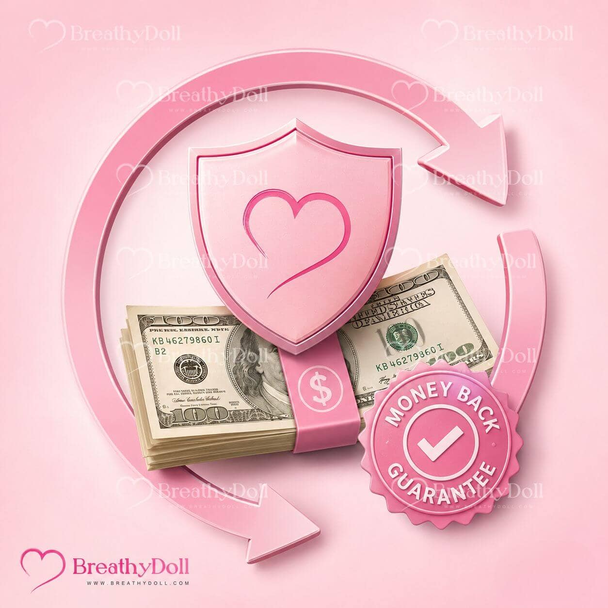 Protecting your investment with a money-back guarantee symbol on a pink background, featuring a shield with a heart, dollar bills, and circular arrows representing security and trust.