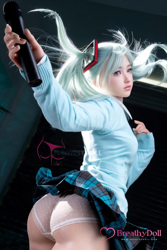 - A realistic anime-style doll with long, flowing platinum blonde hair, striking blue eyes, and delicate facial features, dressed in a light blue school uniform with a plaid skirt.