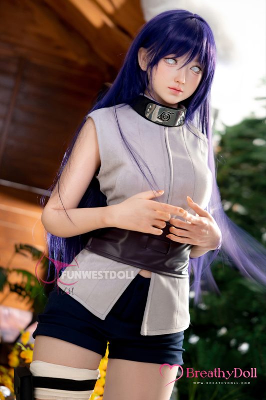 Synthetic high-quality cosplay doll with realistic features, long purple hair, white eyes, dressed in a modern combat-inspired outfit, standing outdoors in natural sunlight.