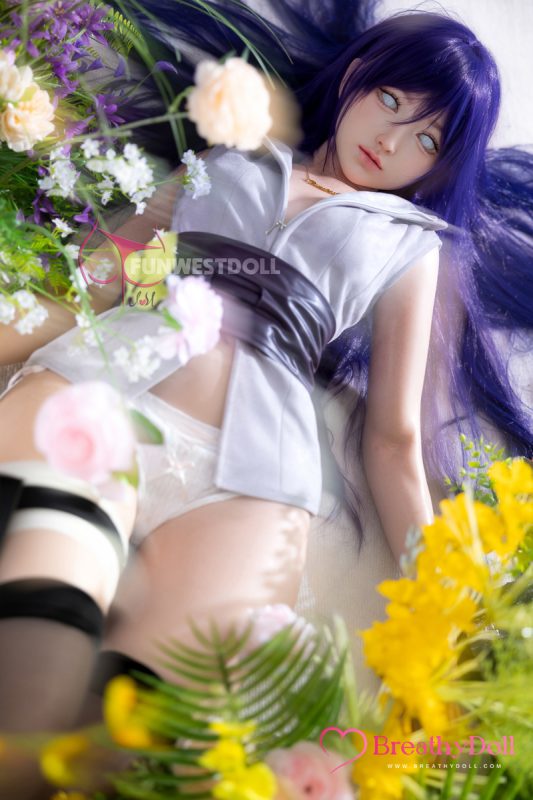 Realistic female companion doll with long purple hair, striking blue eyes, elegant white outfit, and delicate features, lying among vibrant colorful flowers for a lifelike appearance.