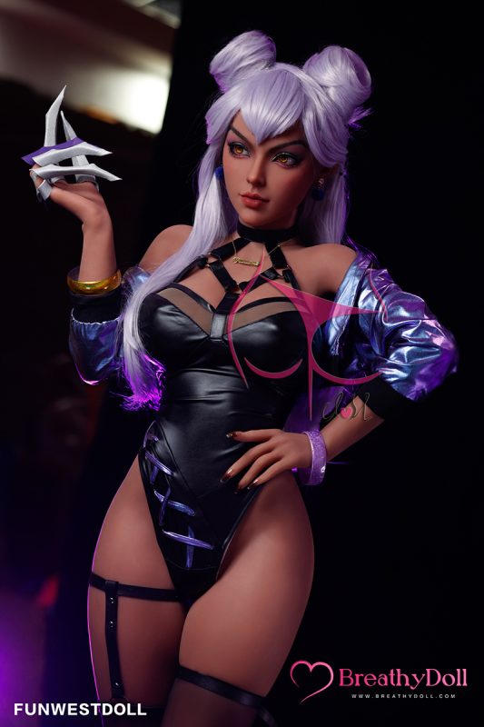 Silicone doll with lavender hair styled in two buns, yellow eyes, and a fierce expression, dressed in a black latex bodysuit with purple accents, showcasing a stylish and provocative fantasy costume.