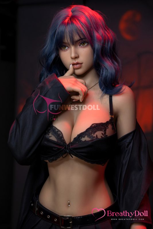 Blue and pink gradient wig, realistic doll with detailed facial features and golden eyes, wearing black lace lingerie and a black satin robe, pierced belly button, on a dark background with red lighting accents.