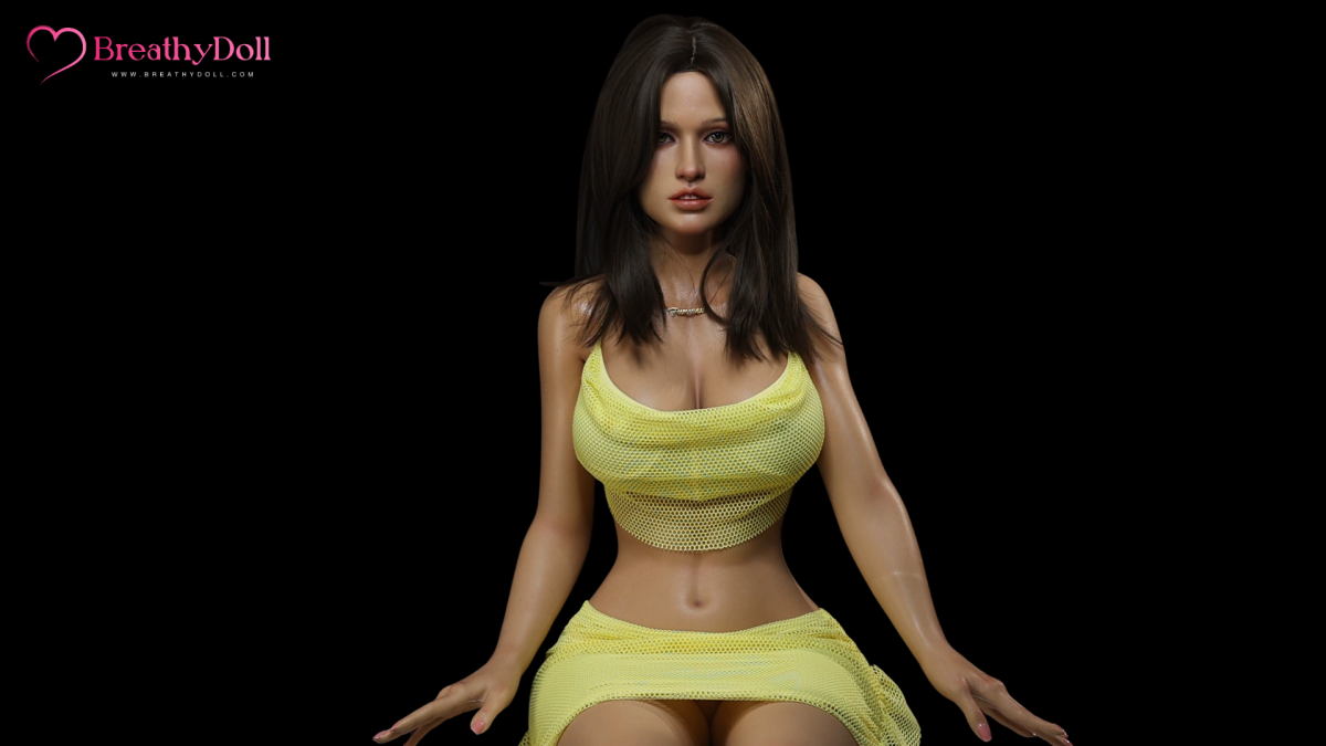 Unrealistic, high-quality companion doll with long brown hair, realistic facial features, and dressed in a yellow mesh crop top and matching skirt, designed for companionship and comfort.