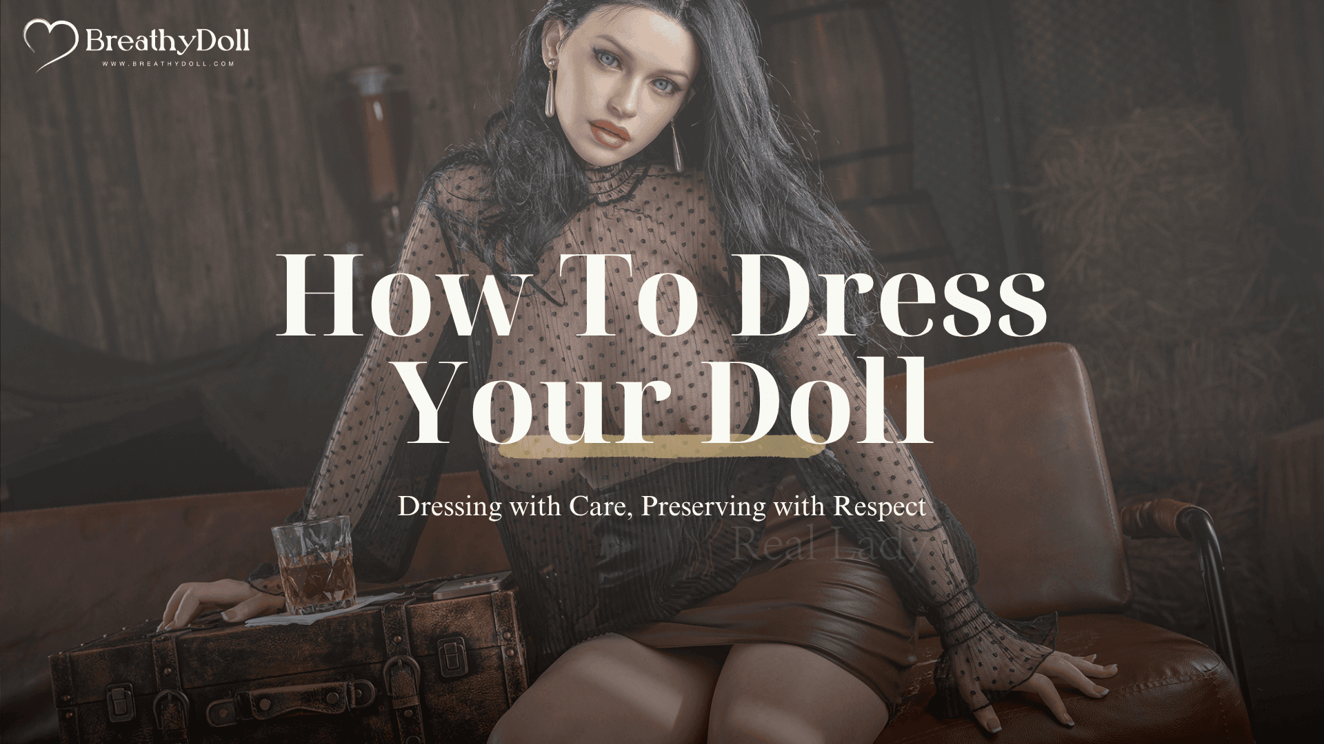 Easily customizable, realistic companion doll with long black hair, striking blue eyes, elegant earrings, and dressed in a sheer black polka-dot blouse and leather skirt, posing seductively in a cozy wooden room.