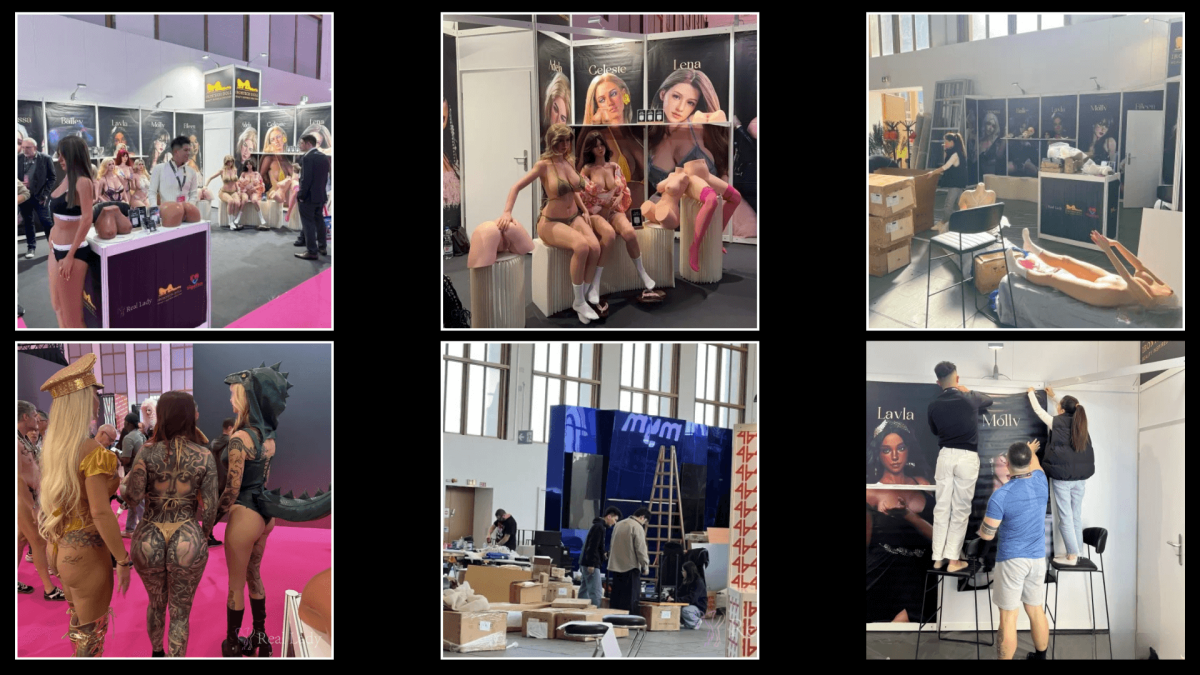 Realistic silicone dolls with detailed facial features, lifelike hair, and supple bodies displayed at an exhibition booth.