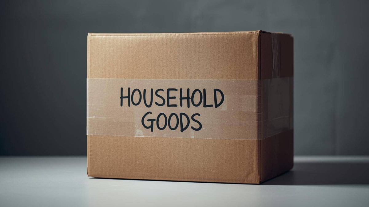 Cardboard box labeled "Household Goods" on a plain surface, used for storage or moving.