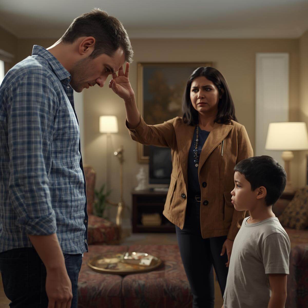 Realistic scene with a distressed woman confronting a man and a young boy in a warm, cozy living room, conveying emotional tension and complex family dynamics through detailed expressions and intimate setting.
