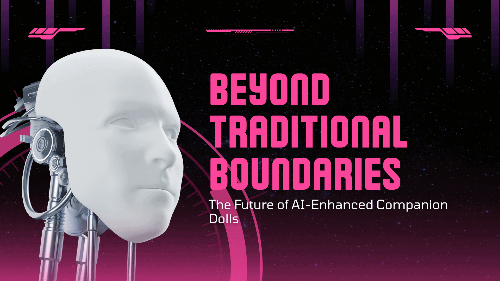 Realistic AI-inspired doll with smooth white face and metallic robotic elements, showcasing the future of high-tech companionship dolls for immersive experiences.