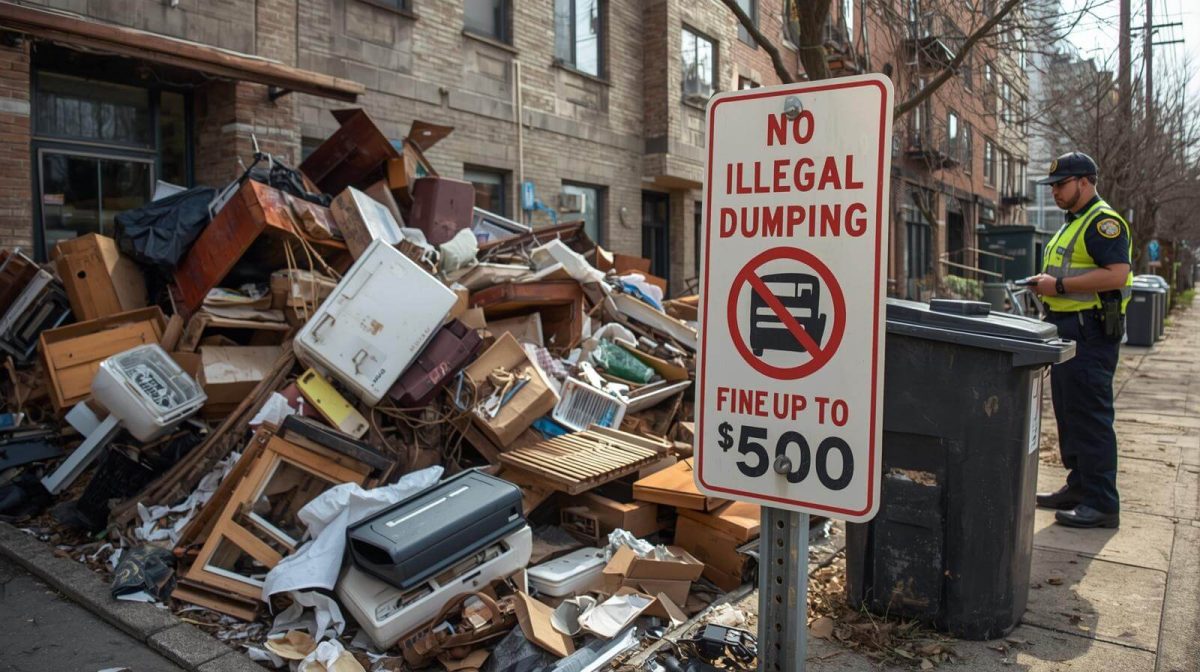 A city street scene showing a large pile of discarded furniture and electronic waste next to a "No Illegal Dumping" sign, with a police officer nearby.