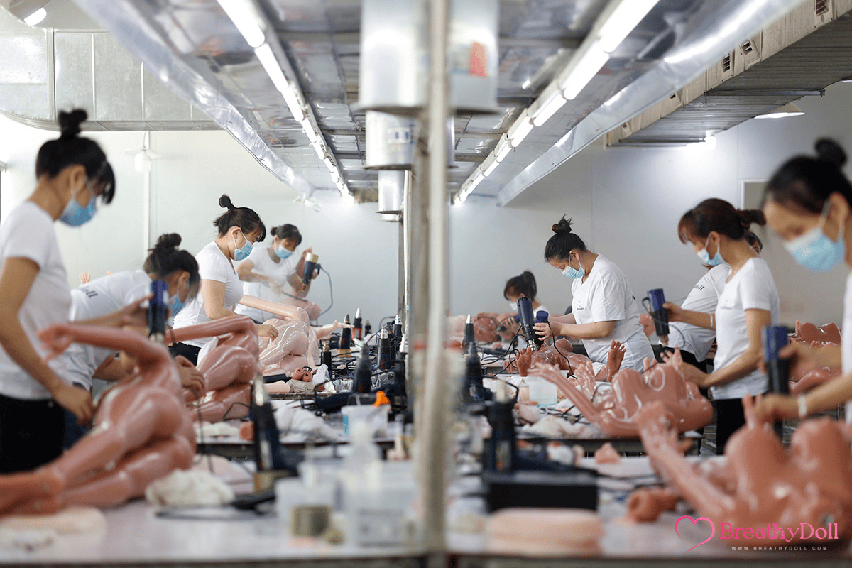 - Realistic companion dolls being crafted in a factory setting, with workers wearing masks and assembling silicone dolls.