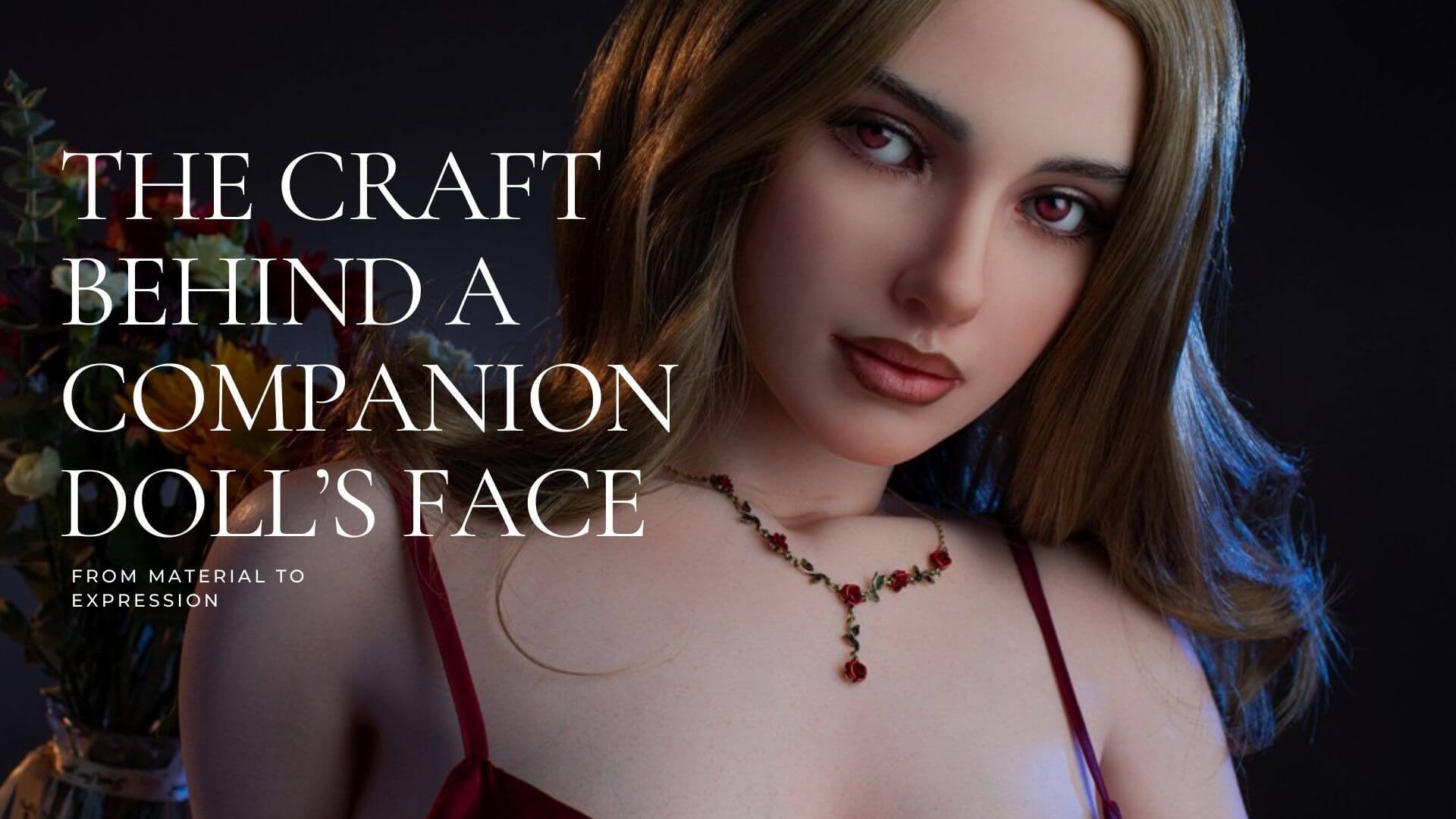 A highly detailed and lifelike female doll with brown hair, expressive eyes, and a stunning red dress, designed for companionship and crafted with high-quality, realistic materials that mimic human skin and facial features.