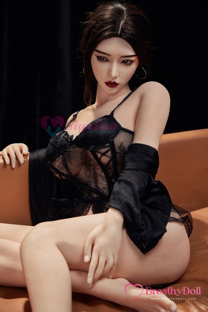A highly realistic companion doll in black lace lingerie, featuring intricate patterns, delicate straps, and a sultry expression, perfect for intimate moments.