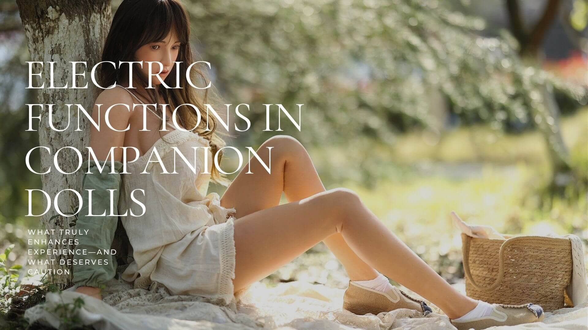 Realistic companion doll with detailed facial features and lifelike appearance, sitting outdoors in a natural setting, showcasing advanced electric functions for enhanced experience.