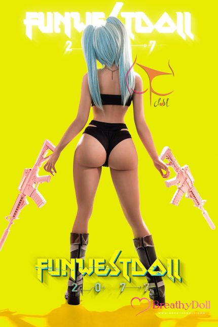 A realistic 157cm (5ft2) companion doll with blue hair, C-cup figure, and detailed features, holding two pink guns against a vibrant yellow background.