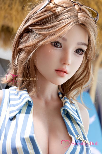 Realistic silicone doll with shoulder-length blonde hair, blue eyes, and a natural makeup look, wearing stylish sunglasses on her head and a striped summer top.