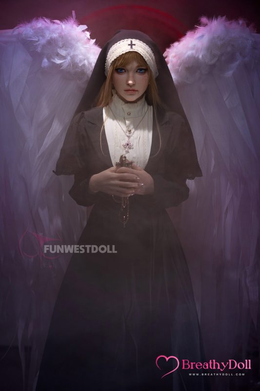 Highly realistic angelic doll with detailed face and blue eyes, dressed as a nun with celestial wings, perfect for collectors and fantasy enthusiasts.
