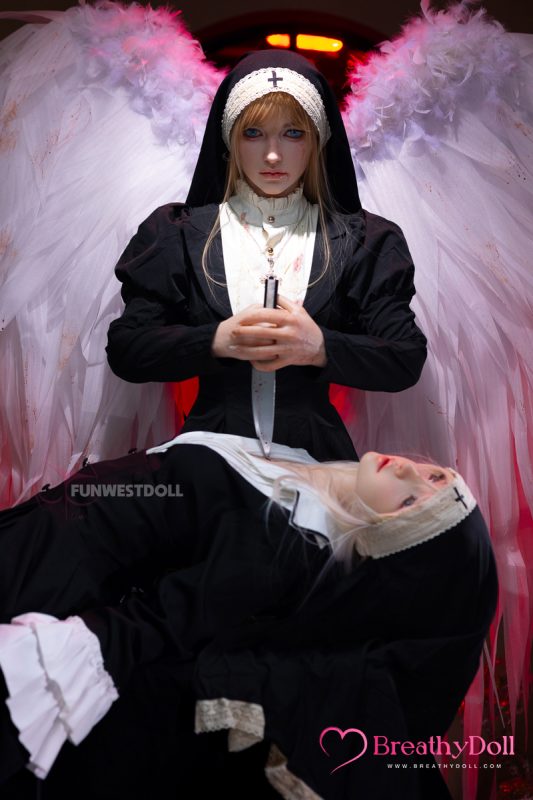 Intricate angel cosplay doll featuring realistic wings, a nun-inspired outfit, and captivating blue eyes, perfect for collectors seeking unique and high-quality companion dolls from BreathyDoll.