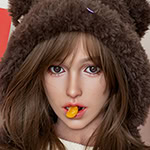 Cute girl with bear hat and yellow candy