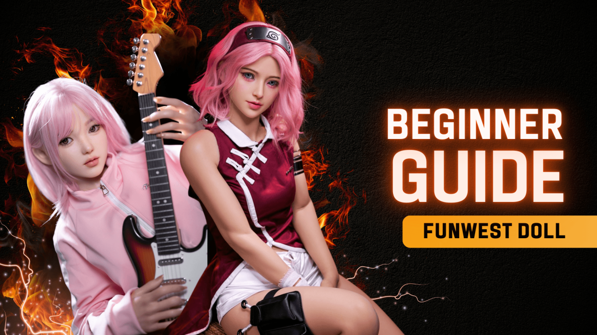 Two realistic FunWest dolls with pink hair, one holding a guitar, showcasing head sculpt and body options.