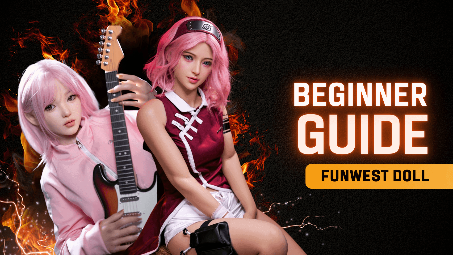 Two realistic FunWest dolls with pink hair, one holding a guitar, showcasing head sculpt and body options.
