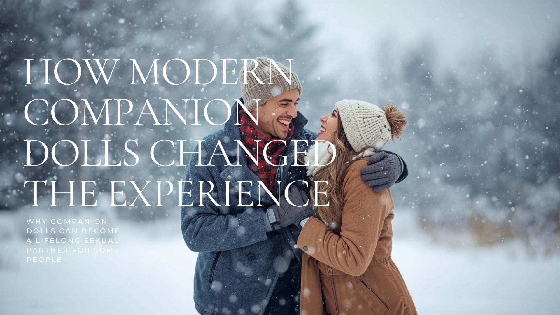 A happy couple outdoors in winter, embracing each other with a realistic companion doll, showcasing the emotional connection and companionship.