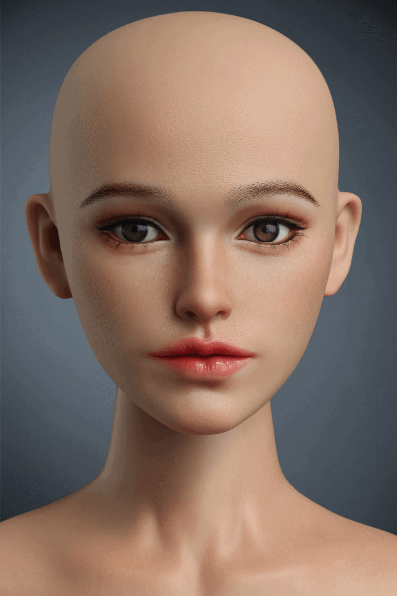 Close-up of a realistic, bald female doll with detailed facial features and natural skin tone, showcasing the craftsmanship of BreathyDoll's hybrid dolls.