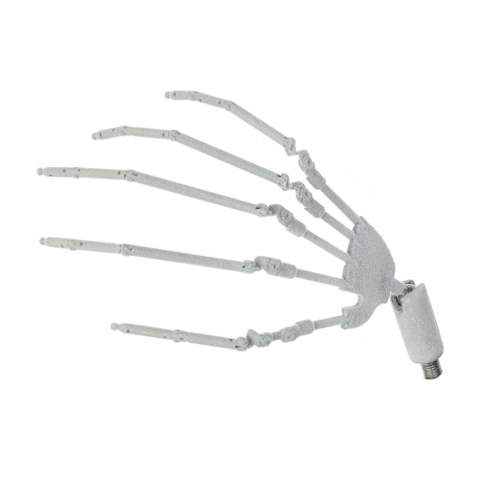 Detailed view of a flexible articulated finger skeleton, showcasing realistic hand bone structure for educational or artistic purposes.