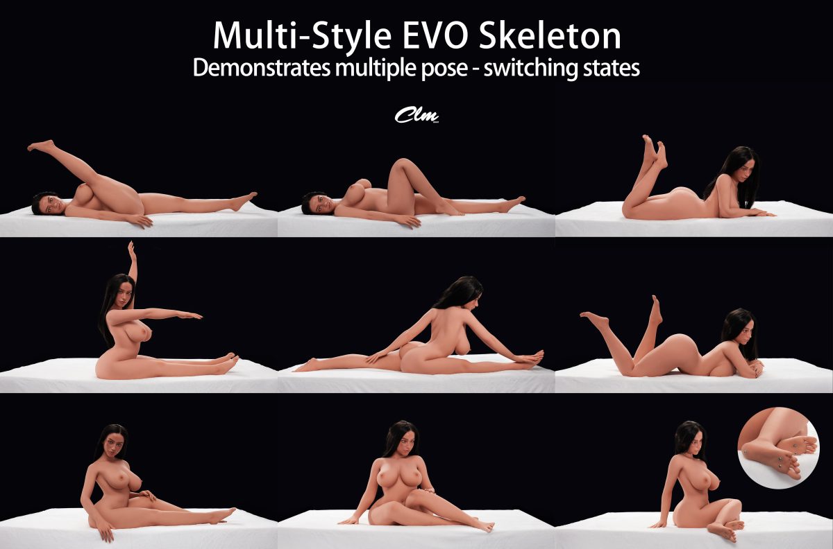 A realistic sex doll with a multi-style EVO skeleton showing various poses and switching states for enhanced realism and versatility.