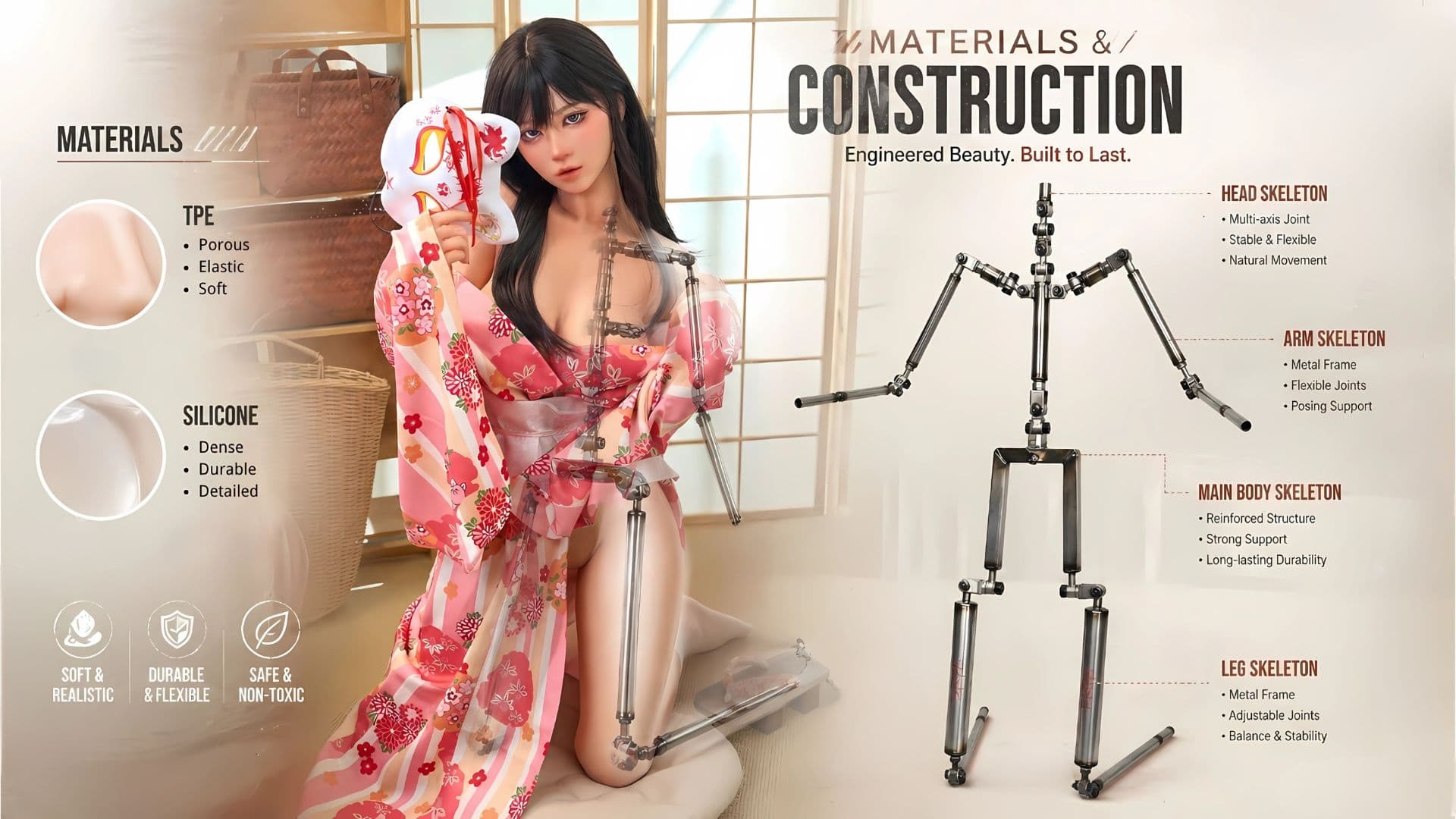 Detailed view of doll's materials and construction components, including head, arm, main body, and leg skeletons, showcasing the craftsmanship and durable design.