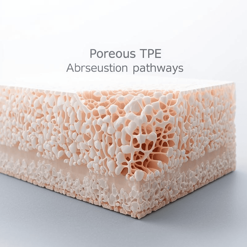 A close-up of a porous TPE foam used in high-quality doll manufacturing, showcasing its intricate abresion pathways and texture.