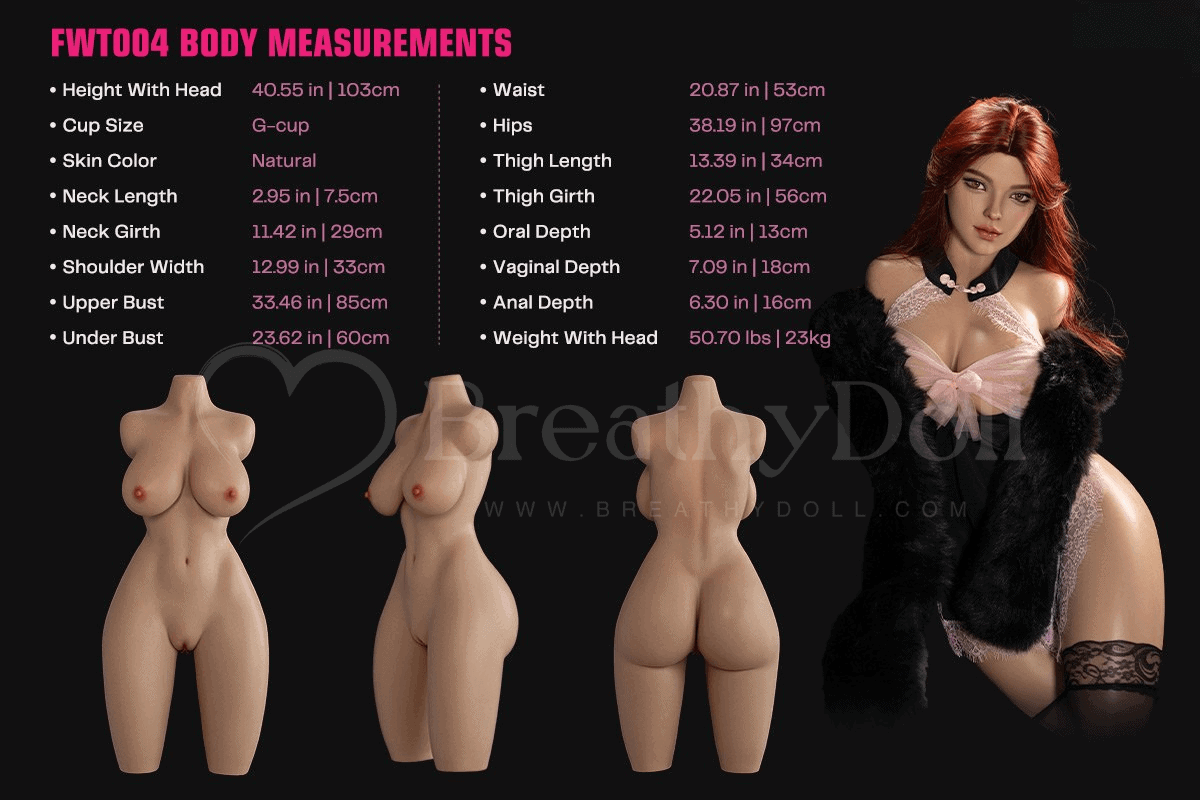 A detailed, realistic silicone torso doll with a natural skin tone, featuring measurements such as waist, hips, and thigh length, designed for high-quality companionship.