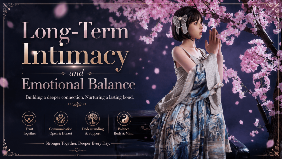 A lifelike companion doll with realistic features, dressed in elegant traditional attire, set against a backdrop of blooming cherry blossoms, emphasizing intimacy and emotional connection.