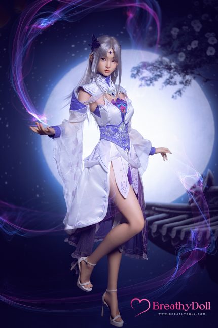 A woman dressed in an elaborate fantasy costume with flowing white and purple fabric, standing outdoors at night under a full moon with glowing purple and pink light effects.