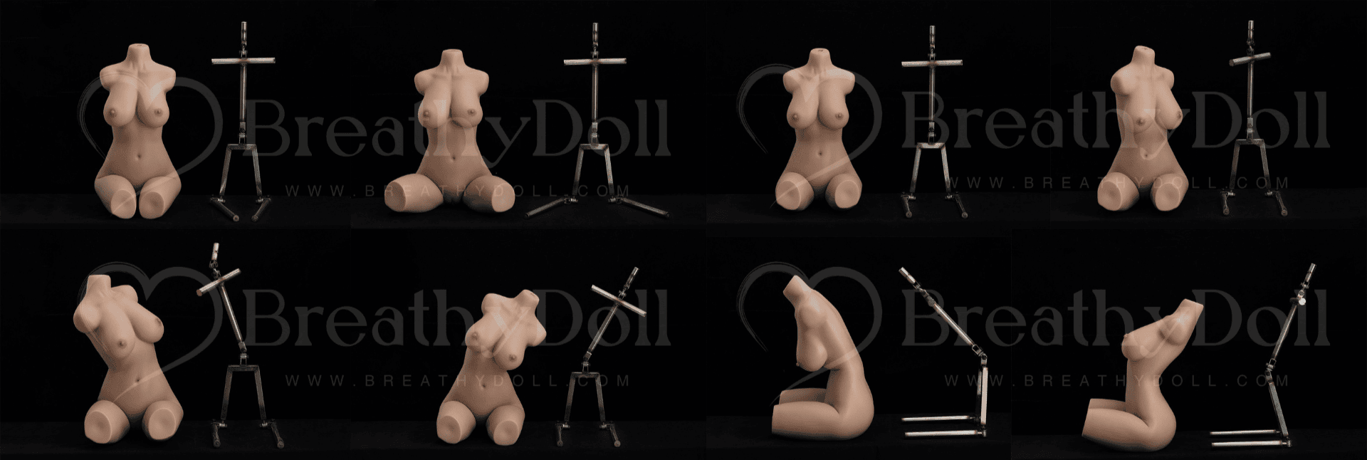 A high-quality silicone torso doll with realistic features, displayed in various angles on a black background with medical stands for support.