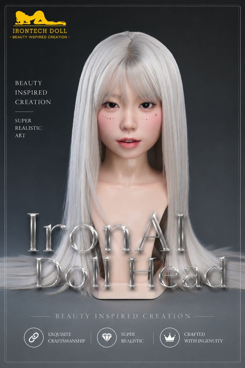 Realistic silicone doll with long platinum blonde hair, blue eyes, and a natural makeup look, posed sitting in a studio setting.