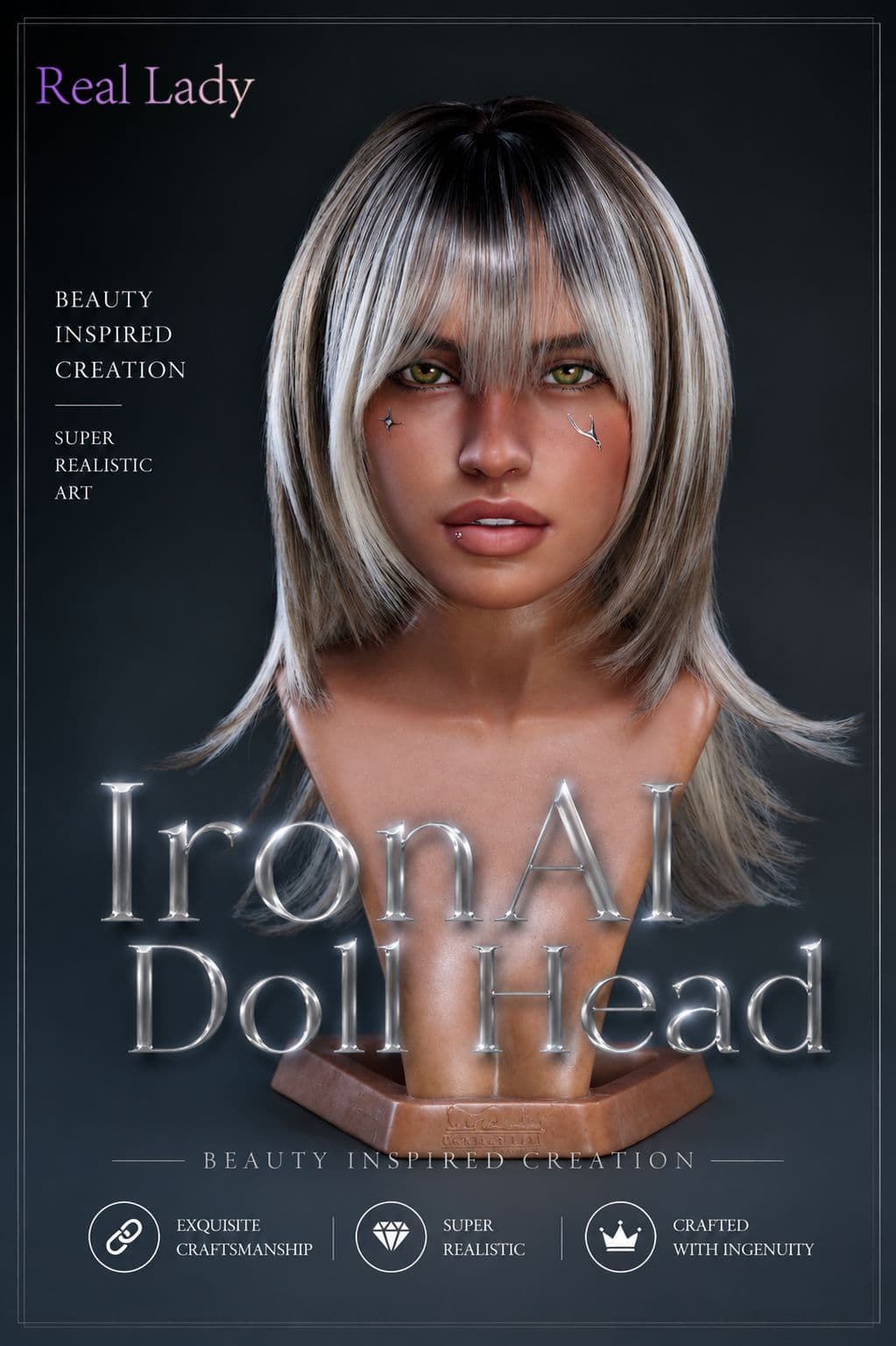 Realistic female doll head with blonde hair, green eyes, and makeup, on a black background.