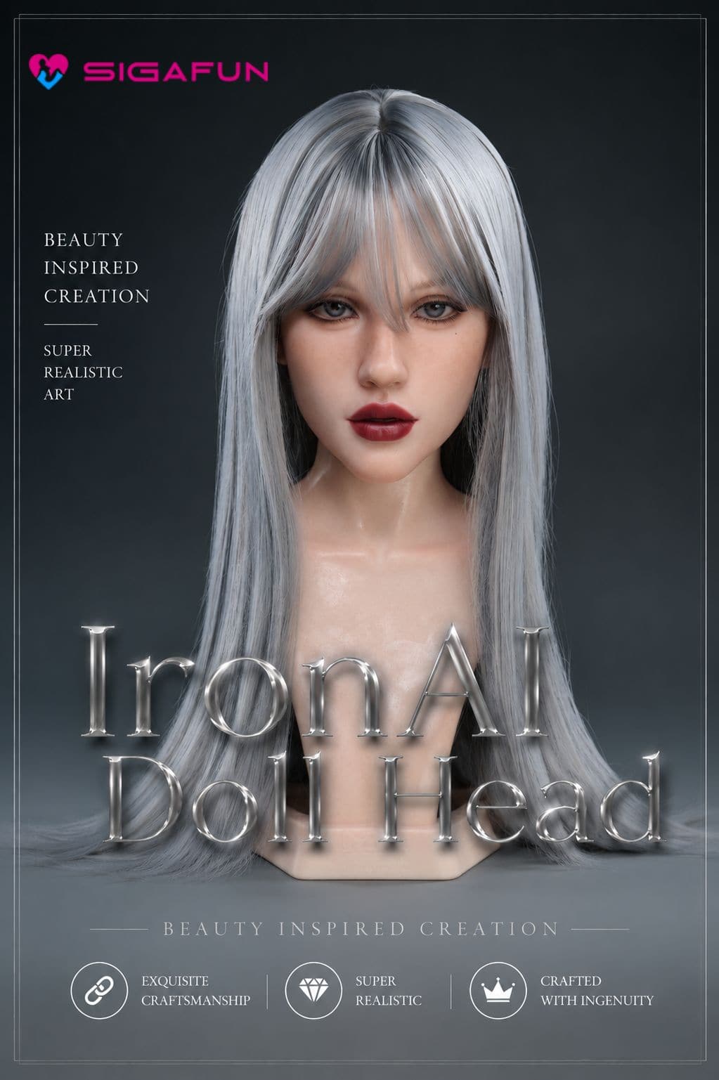 Realistic silicone doll with long silver hair, blue eyes, and red lipstick, posed against a dark background.