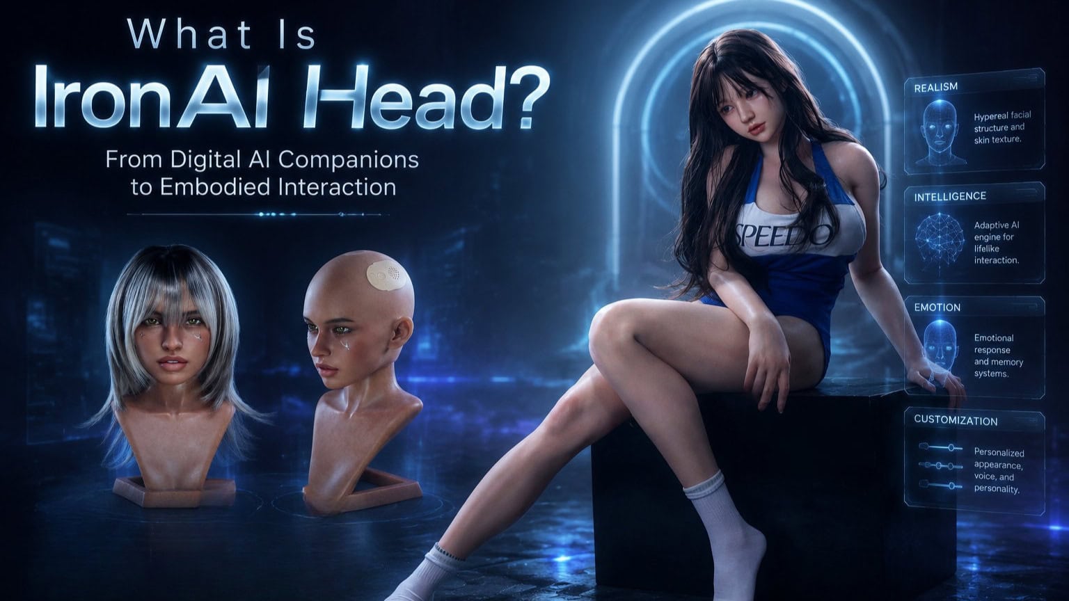 A young woman with long dark hair, wearing a blue and white sports outfit, sitting on the floor in a futuristic setting with digital graphics.