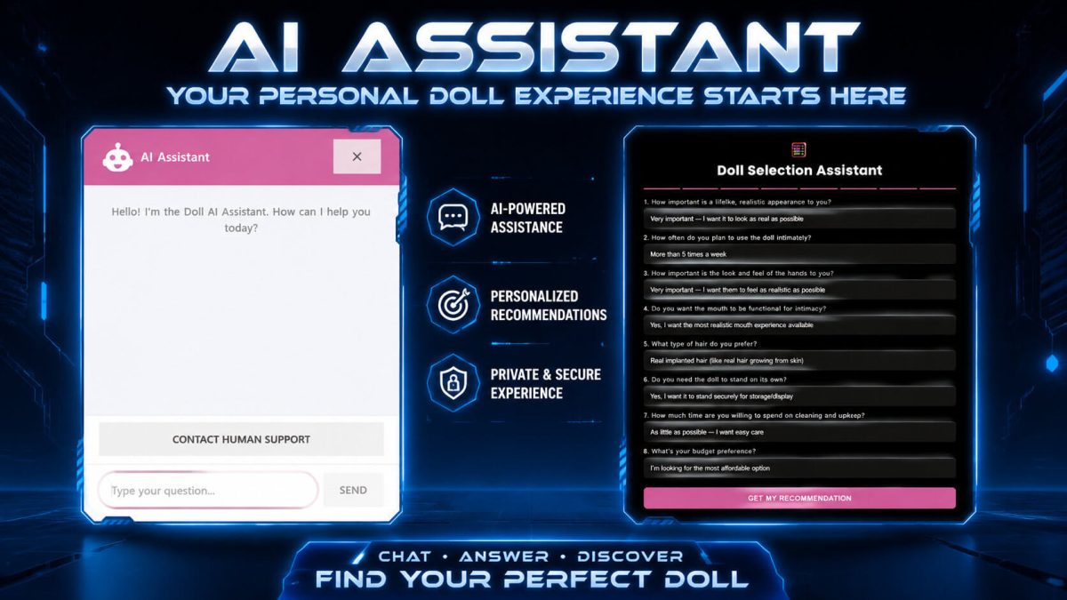 Digital interface screens showing AI doll assistance and selection features with futuristic design.