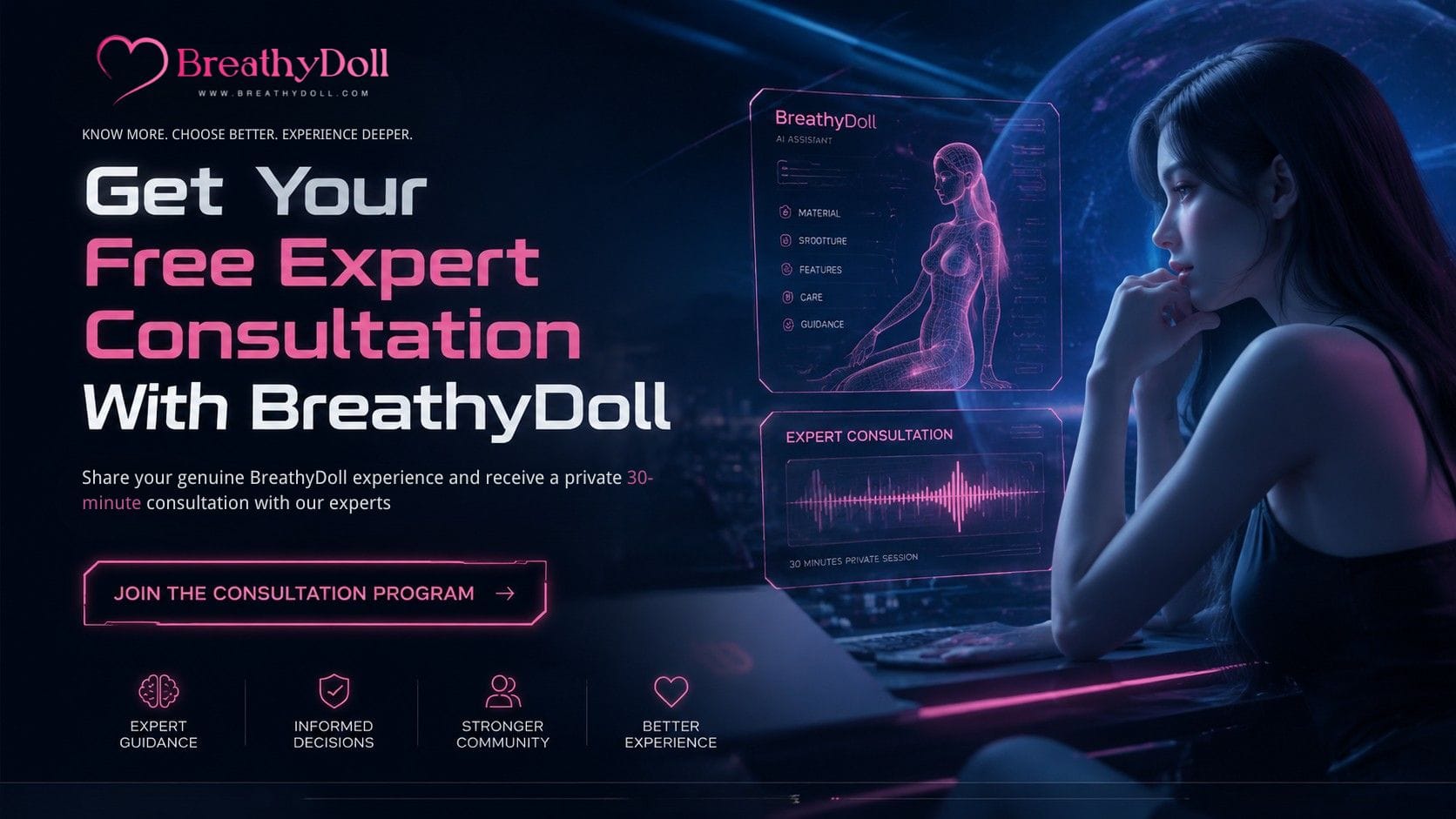 Young woman with long dark hair and realistic doll features, sitting in front of a computer with holographic medical data, in a dark room with neon lighting.