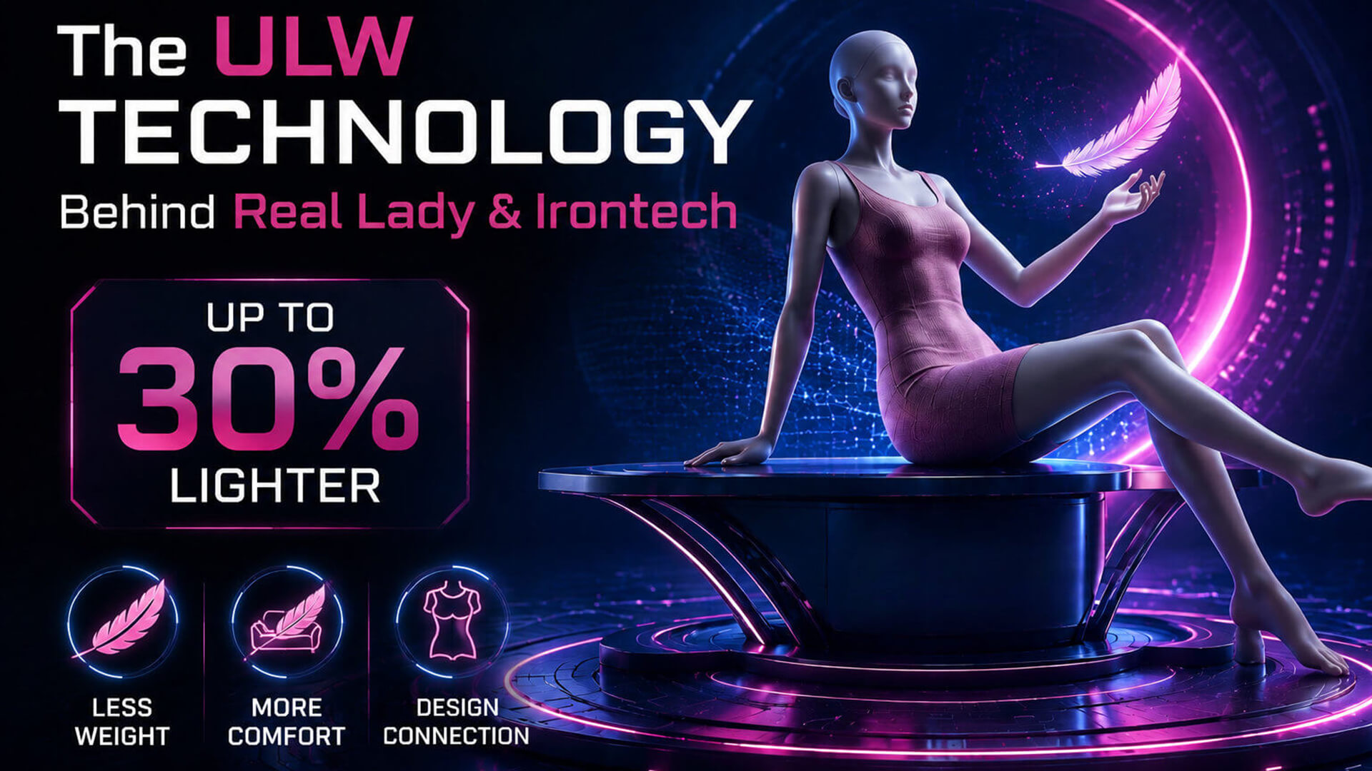 A realistic female doll with long blonde hair, blue eyes, and a pink dress, sitting on a futuristic platform in a studio setting.