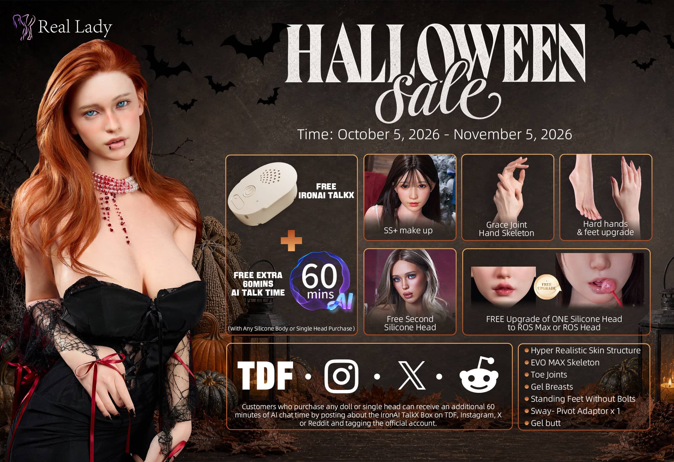 Realistic female doll with long red hair, blue eyes, wearing a black dress, standing in a Halloween-themed setting.